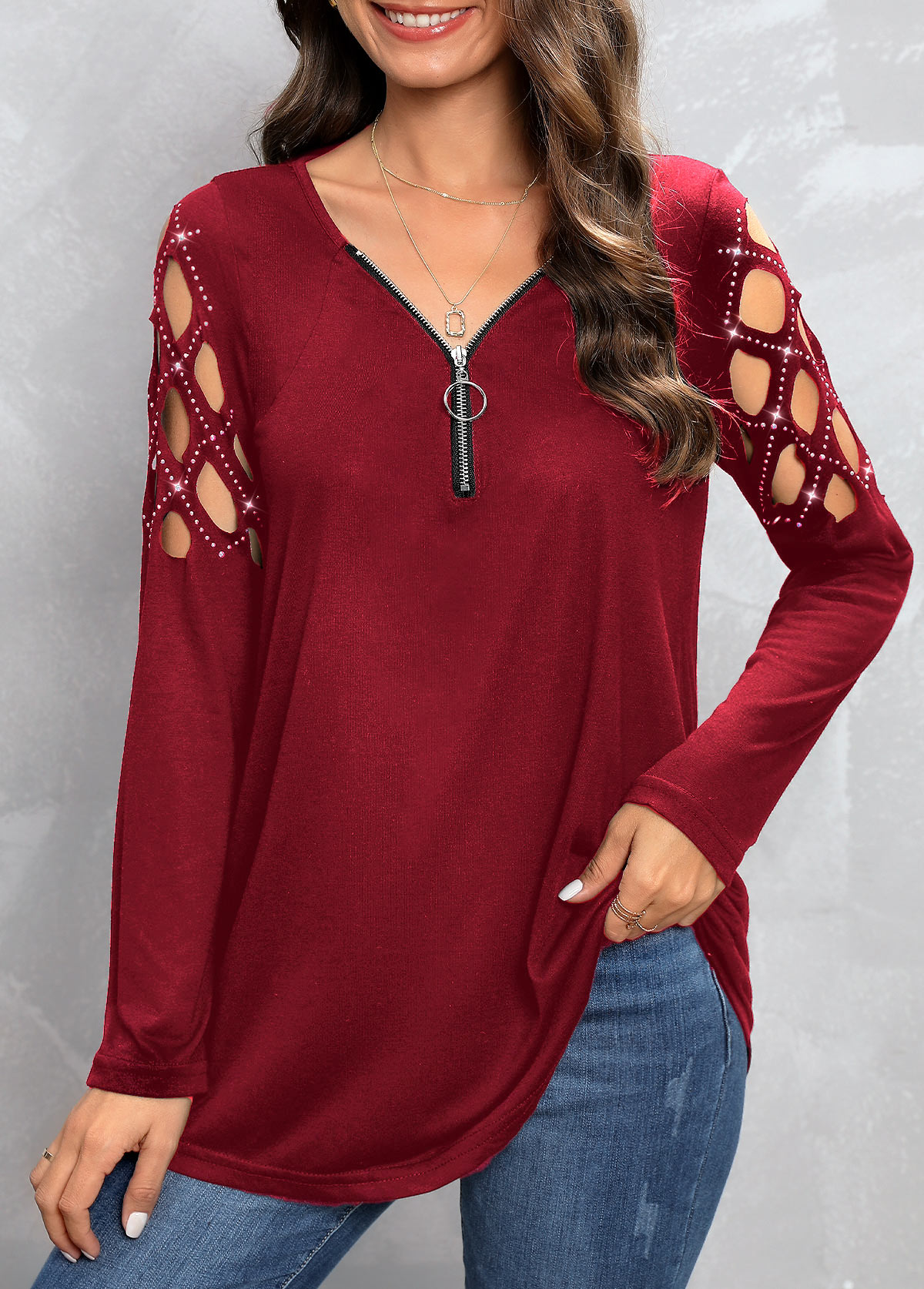Wine Red Hot Drilling Long Sleeve T Shirt