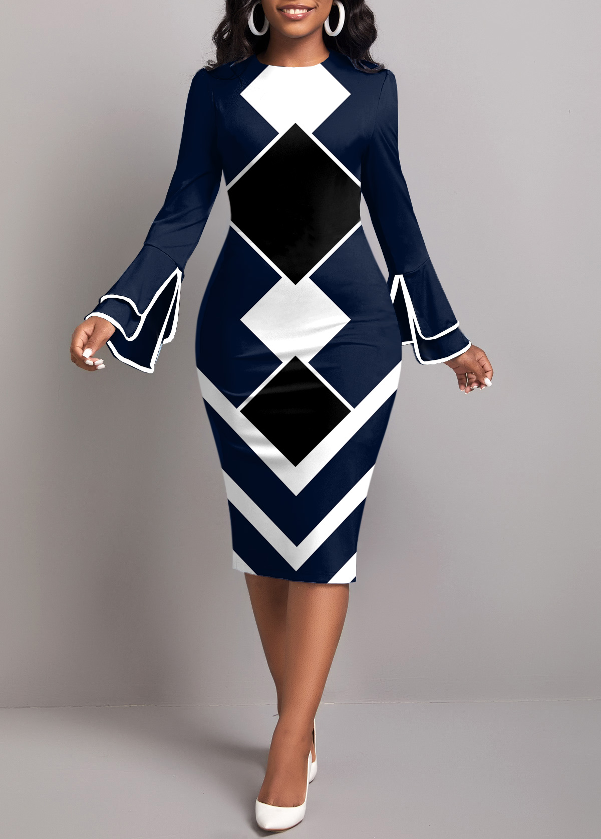 Navy Contrast Binding Geometric Print Bodycon Dress
