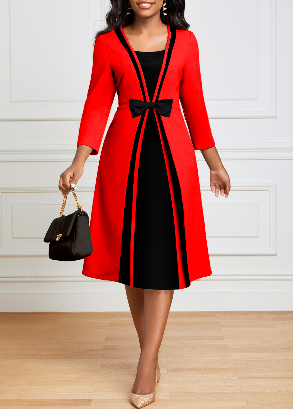 Red Fake 2in1 3/4 Sleeve Dress