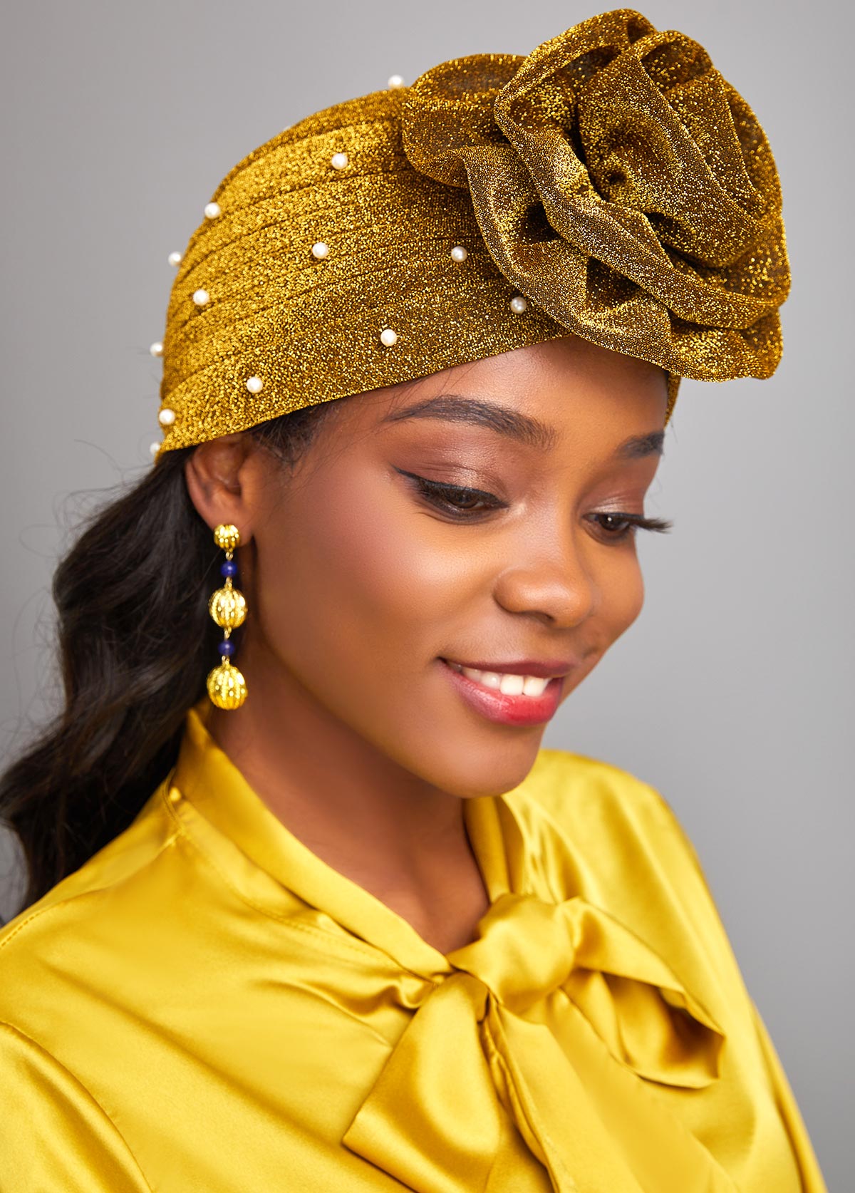 Gold Pearl Design Floral Detail Turban Hat
