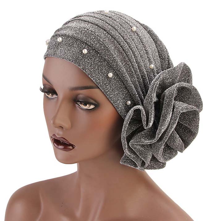 Silver Pearl Design Floral Detail Turban Hat