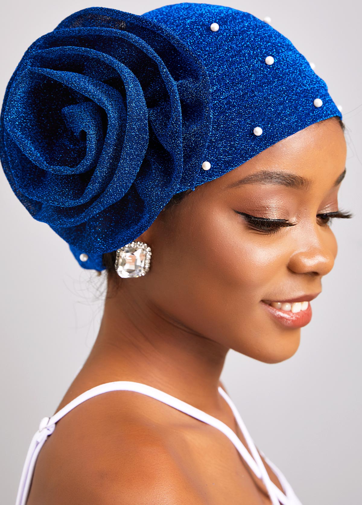 Dark Blue Pearl Flower Turban Hat