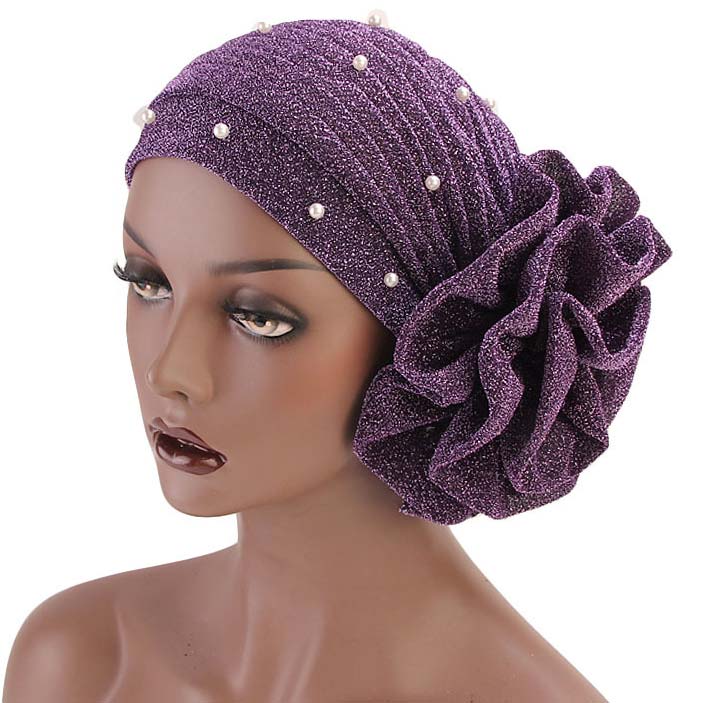 Violet Pearl Flower Desin Turban Hat
