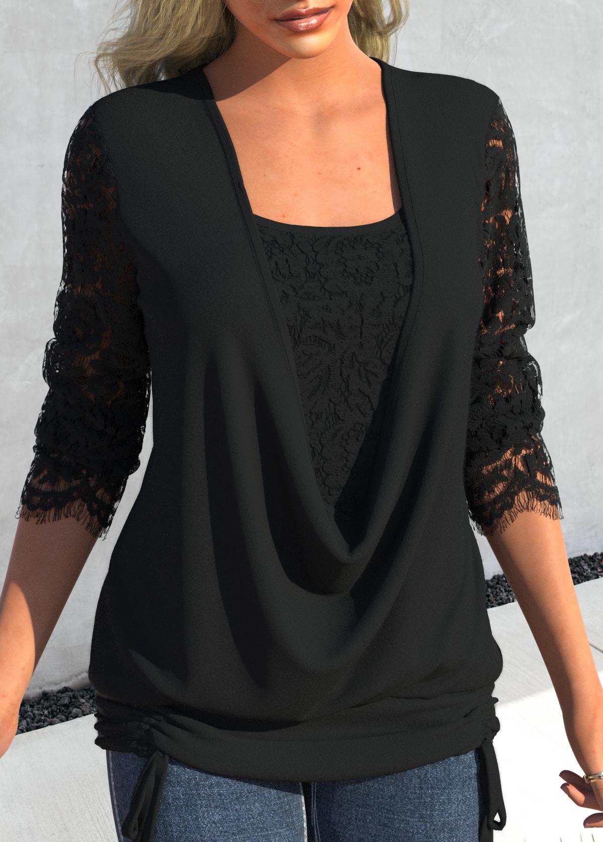 Black Lace Long Sleeve Square Neck T Shirt