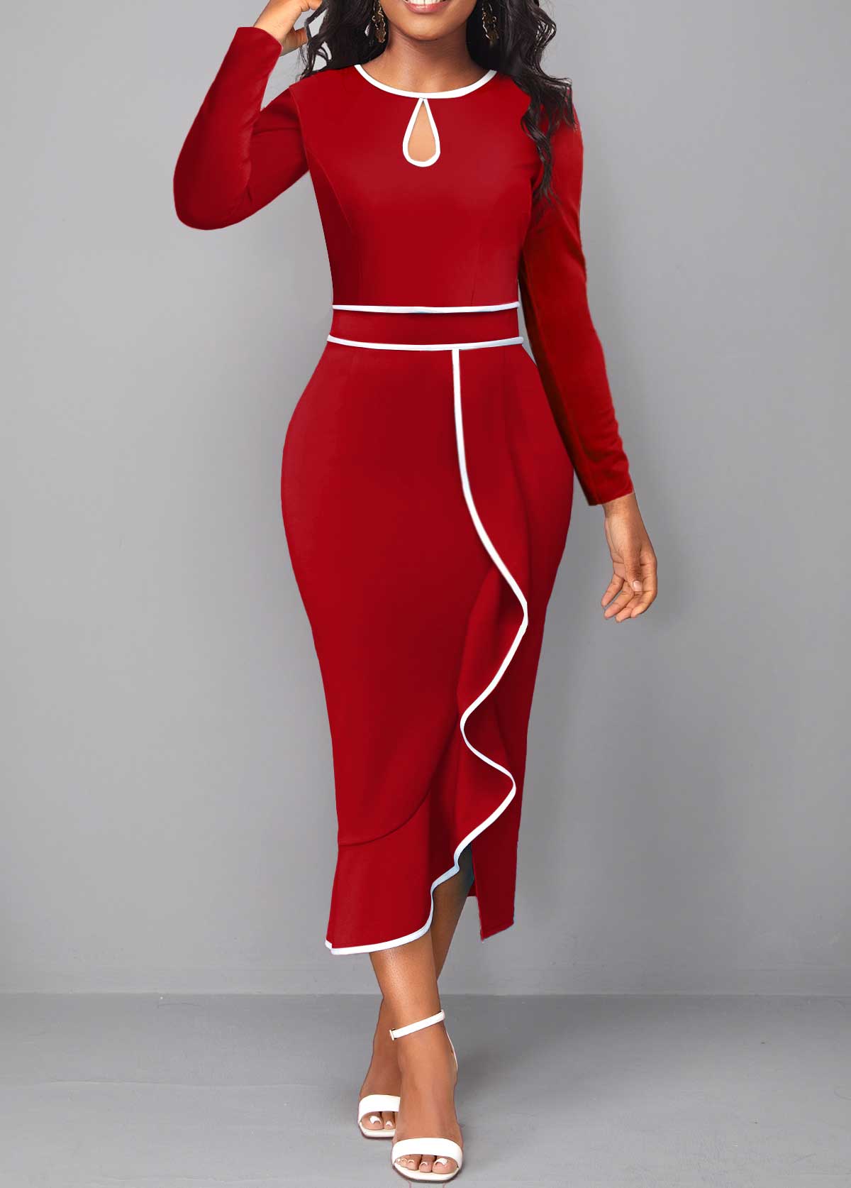 Red Contrast Binding Long Sleeve Bodycon Dress