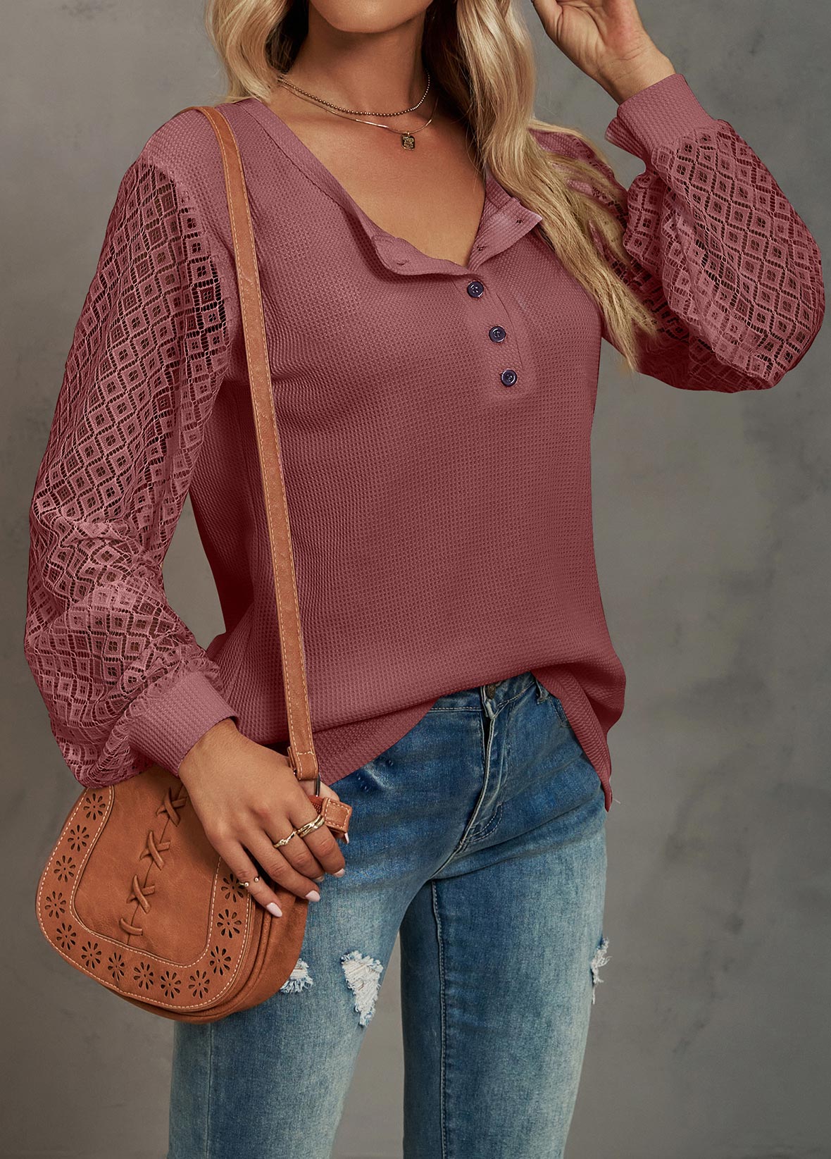 Deep Red Lace Long Sleeve T Shirt