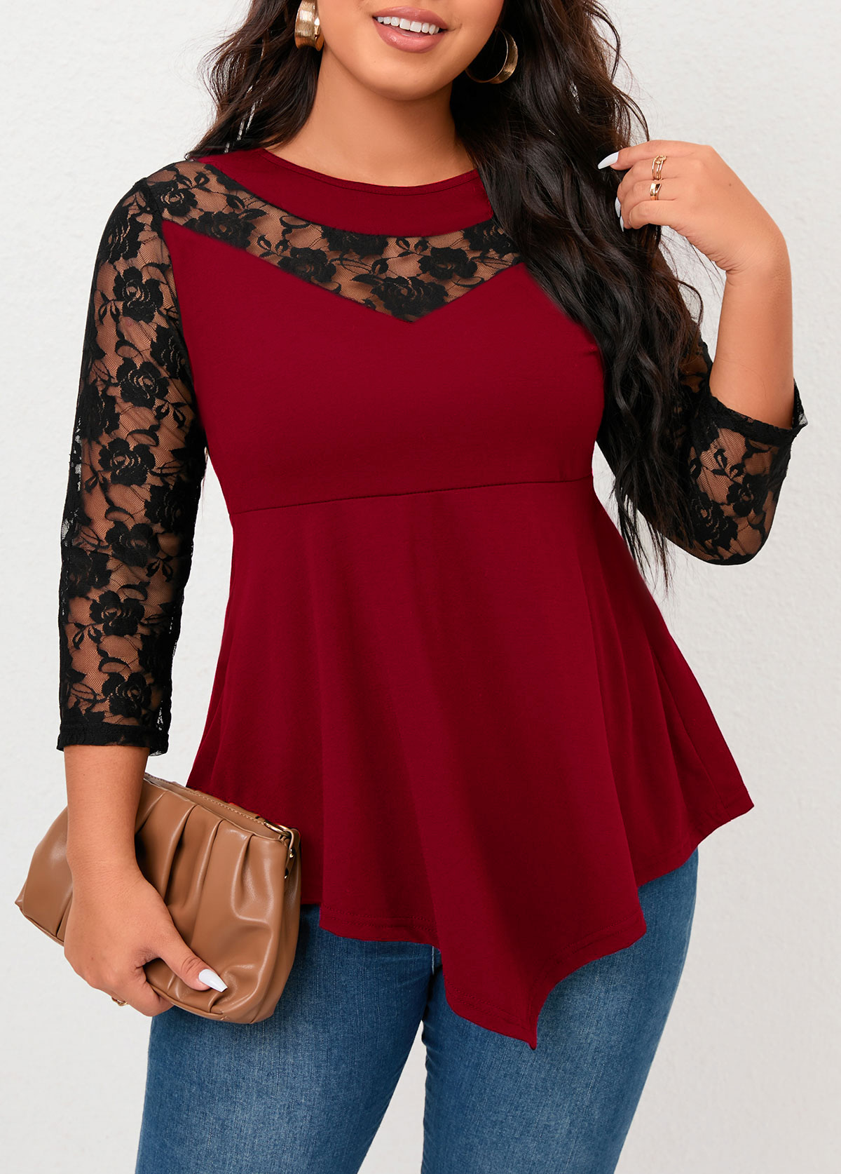 Wine Red Lace Plus Size T Shirt