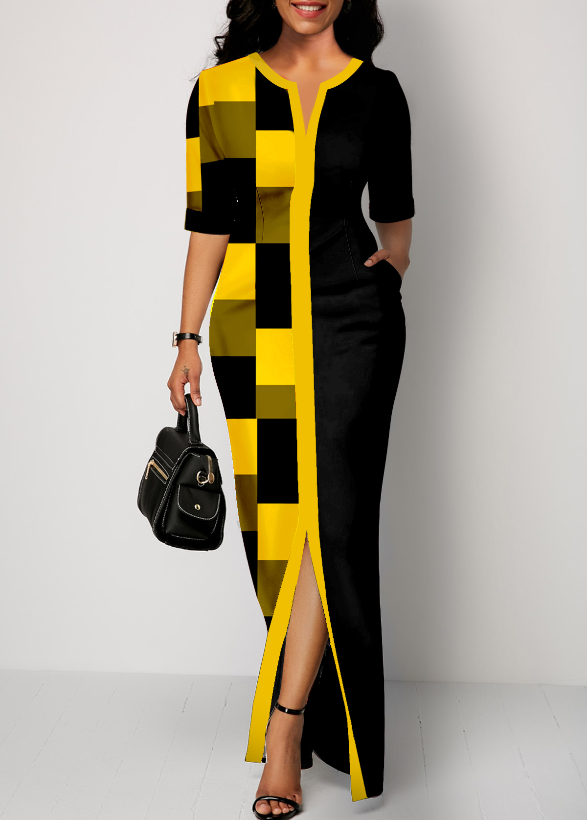 Yellow Patchwork Geometric Print Maxi Dress