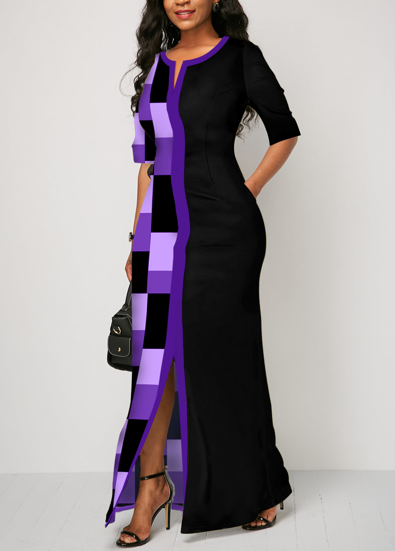 Purple Split Geometric Print Maxi Dress