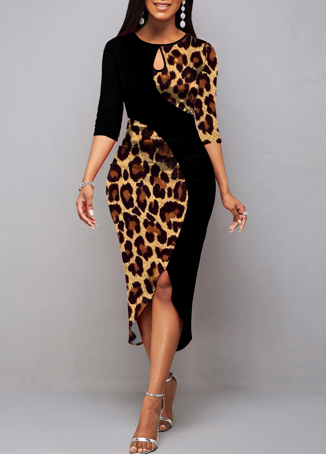 Multi Color Patchwork Leopard Half Sleeve Bodycon Dress