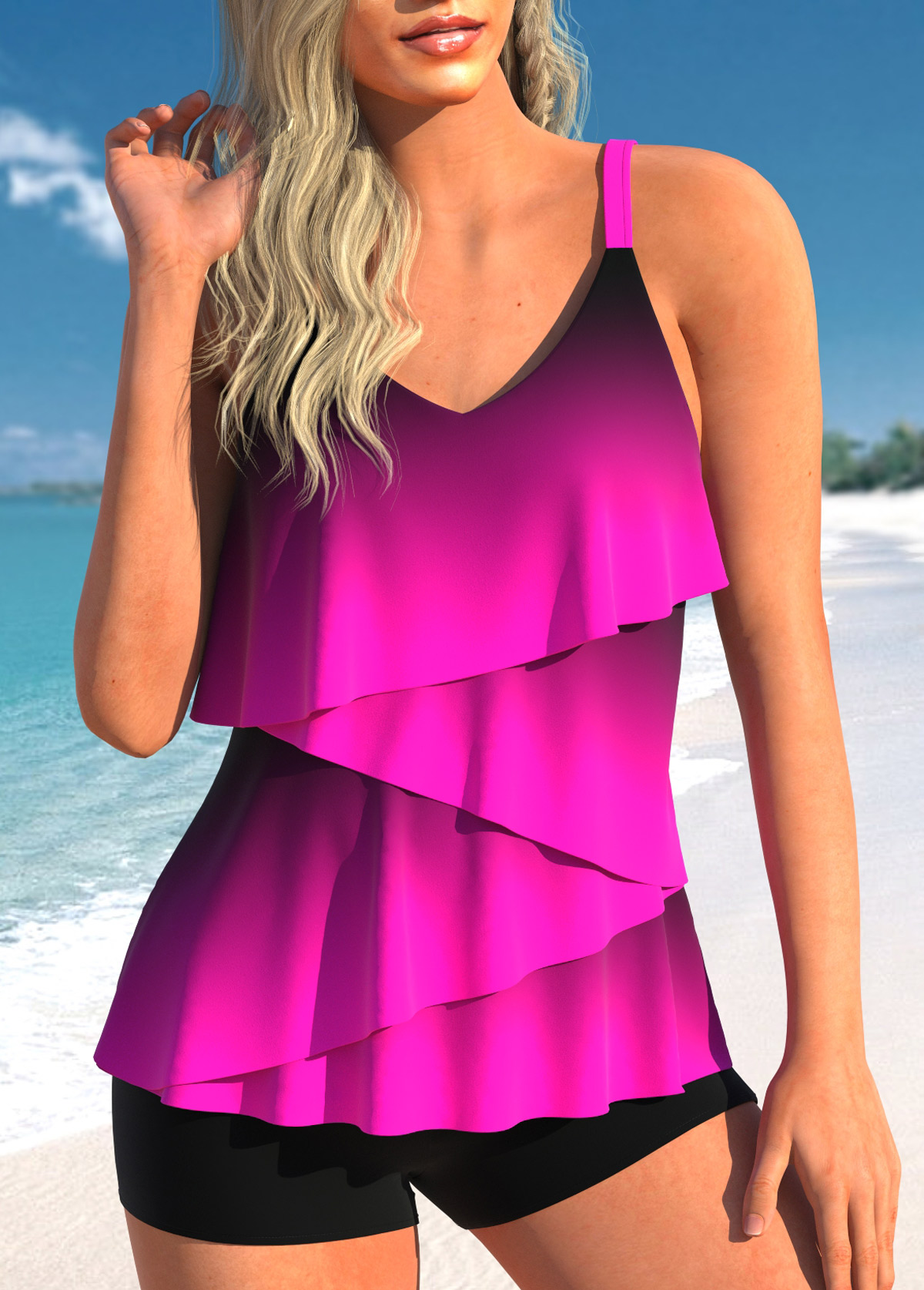 Asymmetry Ombre Neon Rose Red Tankini Set | picture 