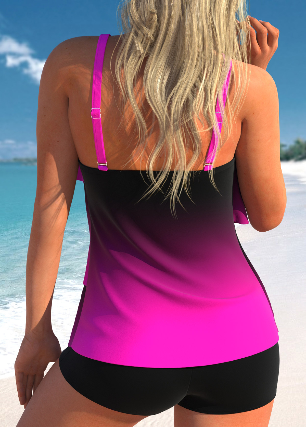 Asymmetry Ombre Neon Rose Red Tankini Set | picture 