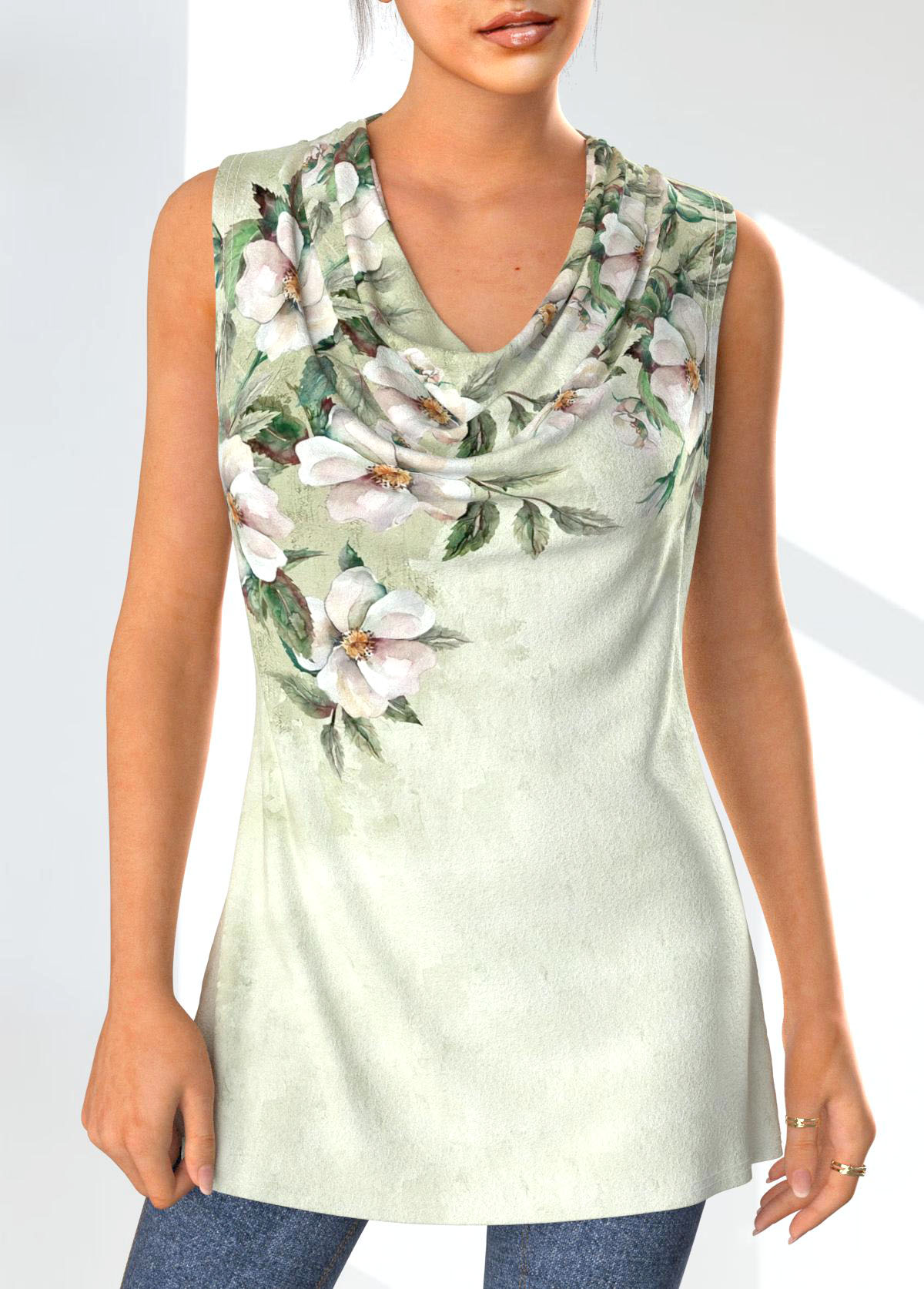 Sage Green Floral Print Long Sleeve Cardigan and Tank Top