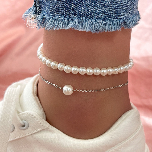 Silver Round Pearl Design Layered Anklet Set