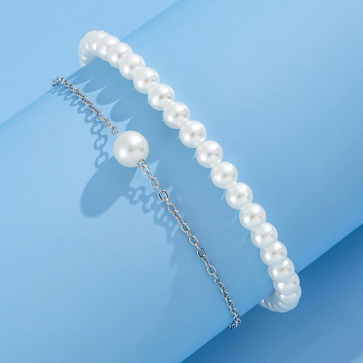Silver Round Pearl Design Layered Anklet Set | picture 