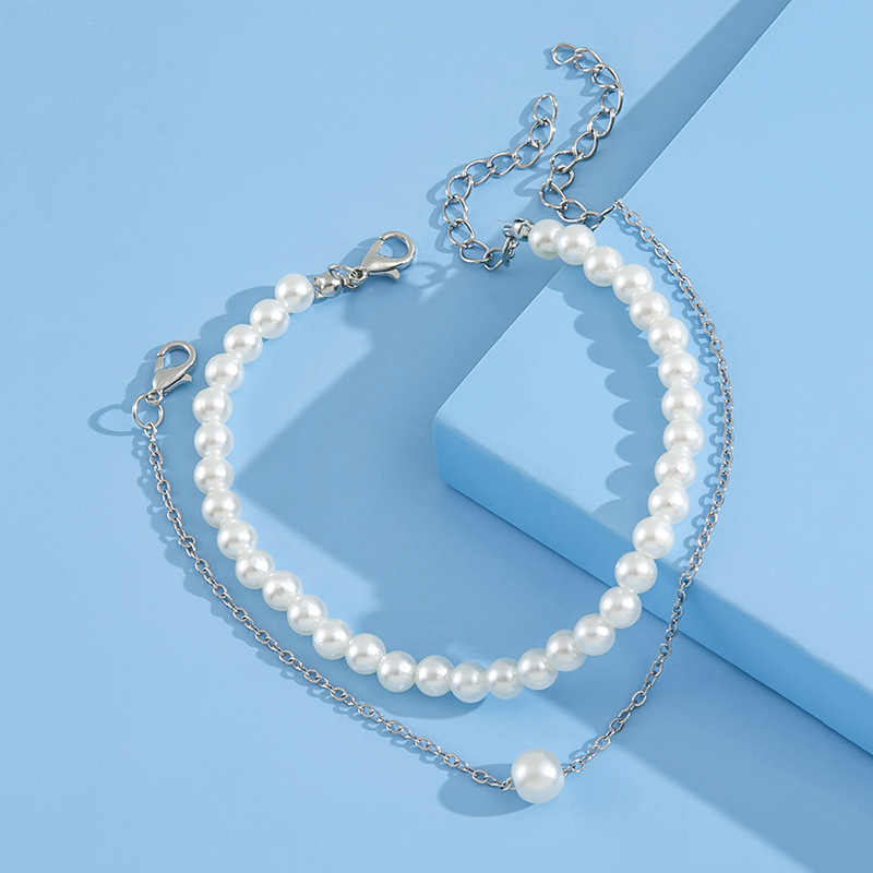 Silver Round Pearl Design Layered Anklet Set