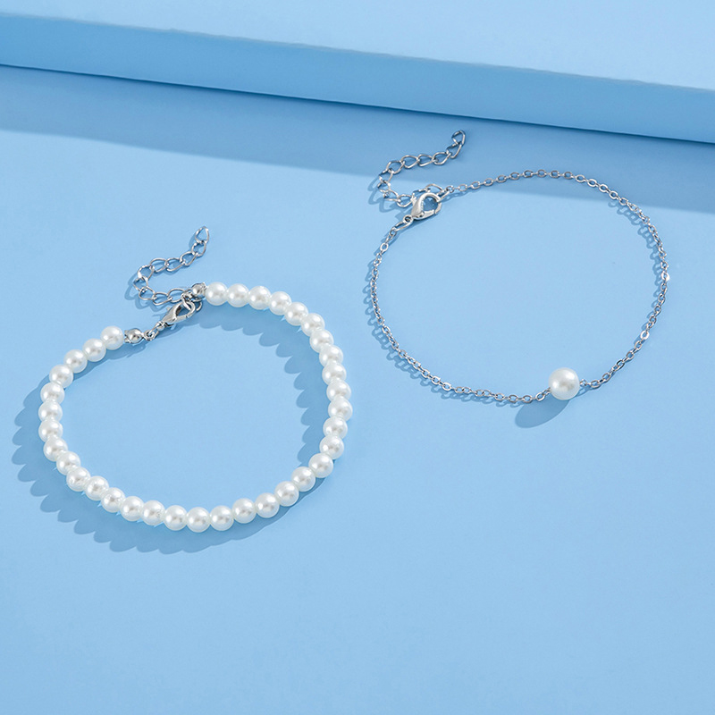 Silver Round Pearl Design Layered Anklet Set | picture 