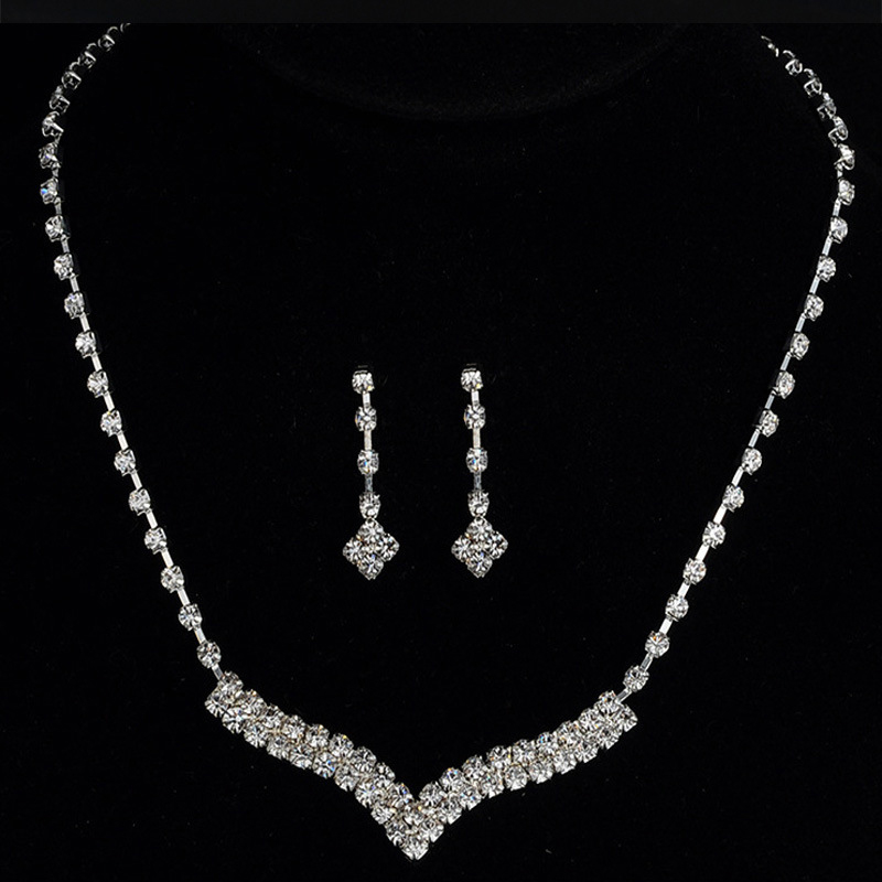 Silver Zircon V Shape Earrings and Necklace