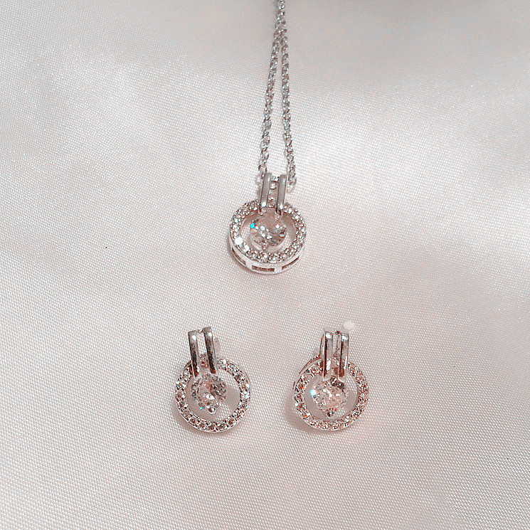 Silver Round Zircon Earrings and Necklace