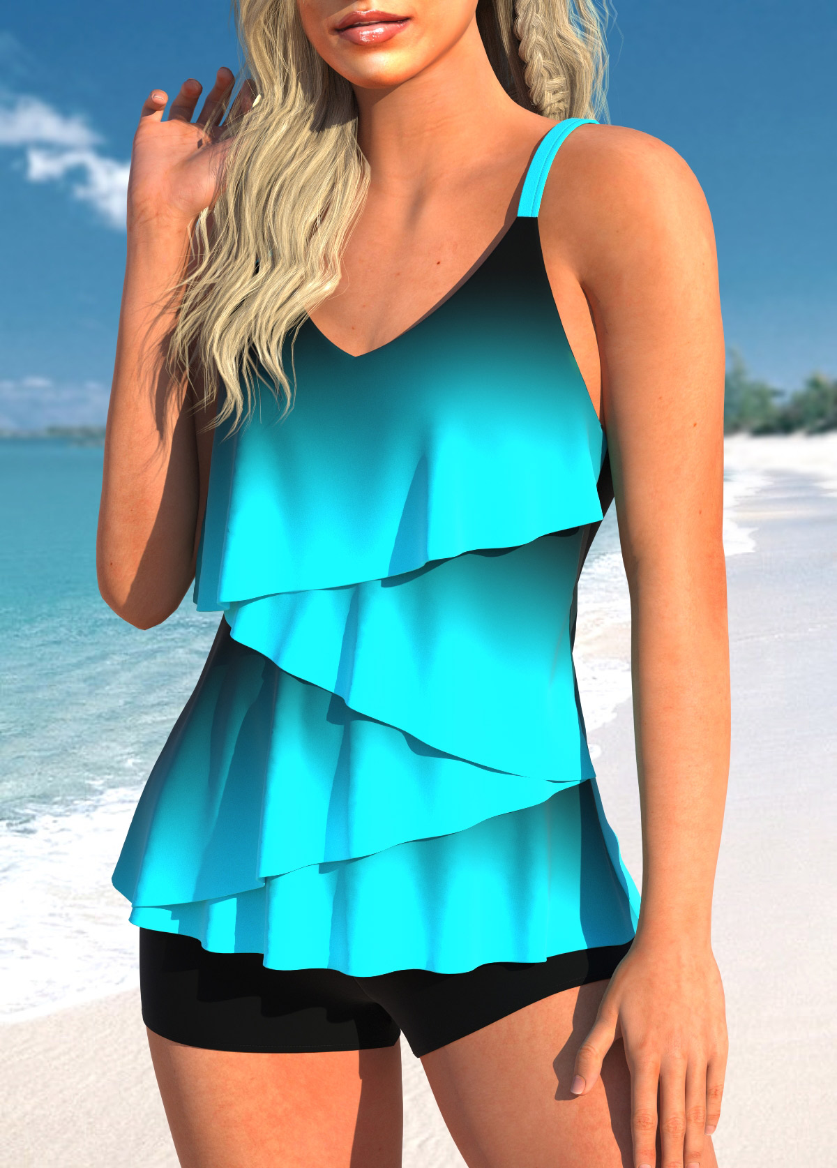 Kalea Boutique Women's Flyaway Layered Tankini Set - Color Block Deep V Neck With Swim Skirt