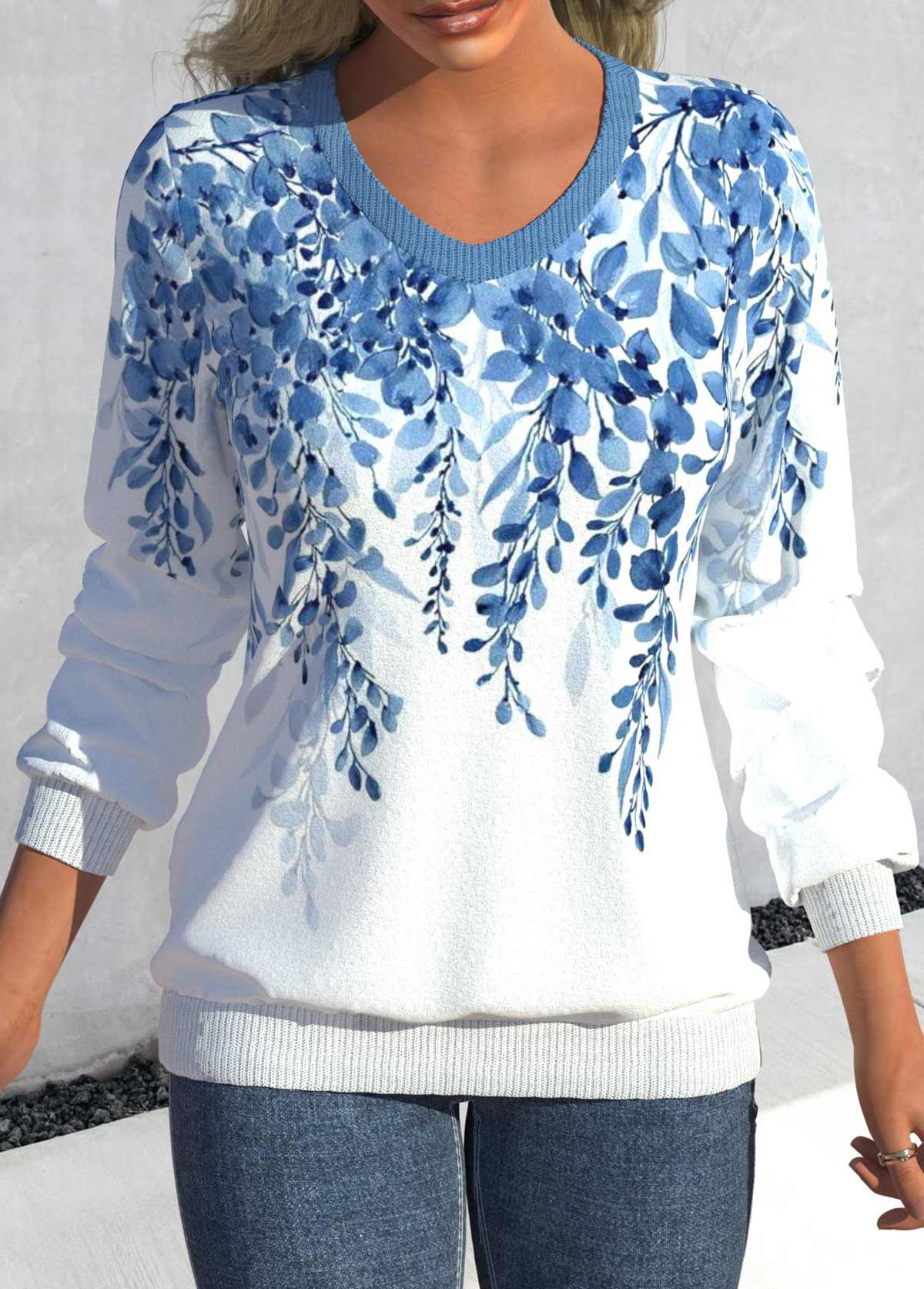 Light Blue Leaf Print Long Sleeve Sweatshirt