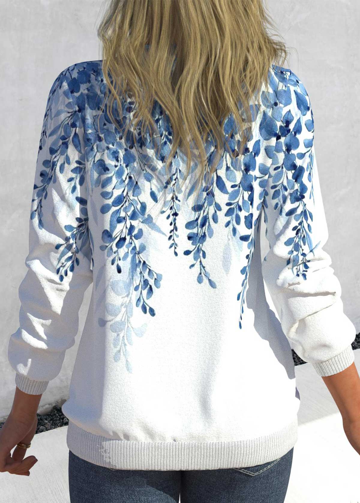 Light Blue Leaf Print Long Sleeve Sweatshirt