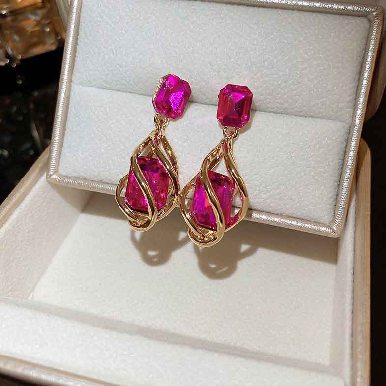 Hot Pink Artificial Zircon Design Earrings