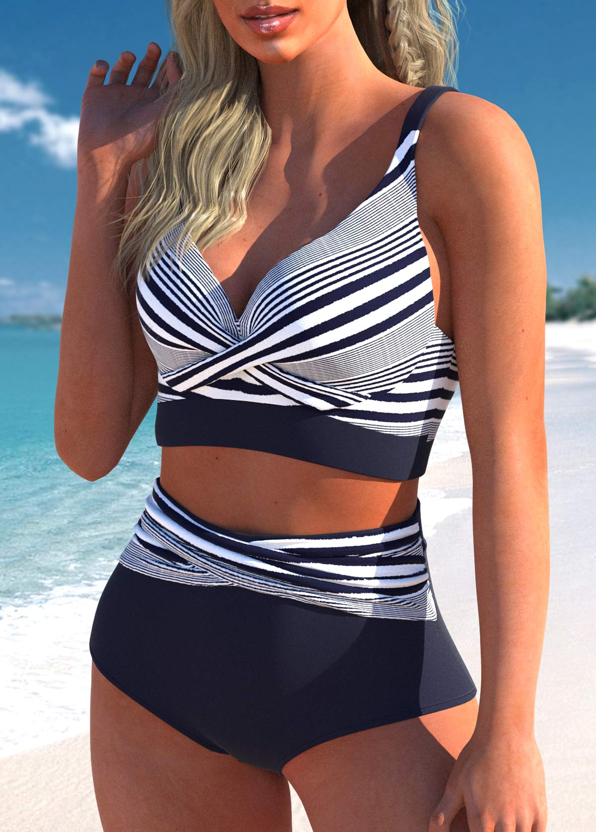 Plus Size Criss Cross Navy Striped Bikini Set