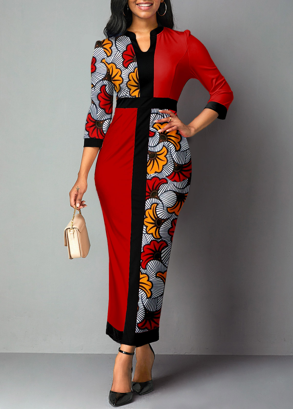 Red Patchwork African Tribal Print Maxi Dress