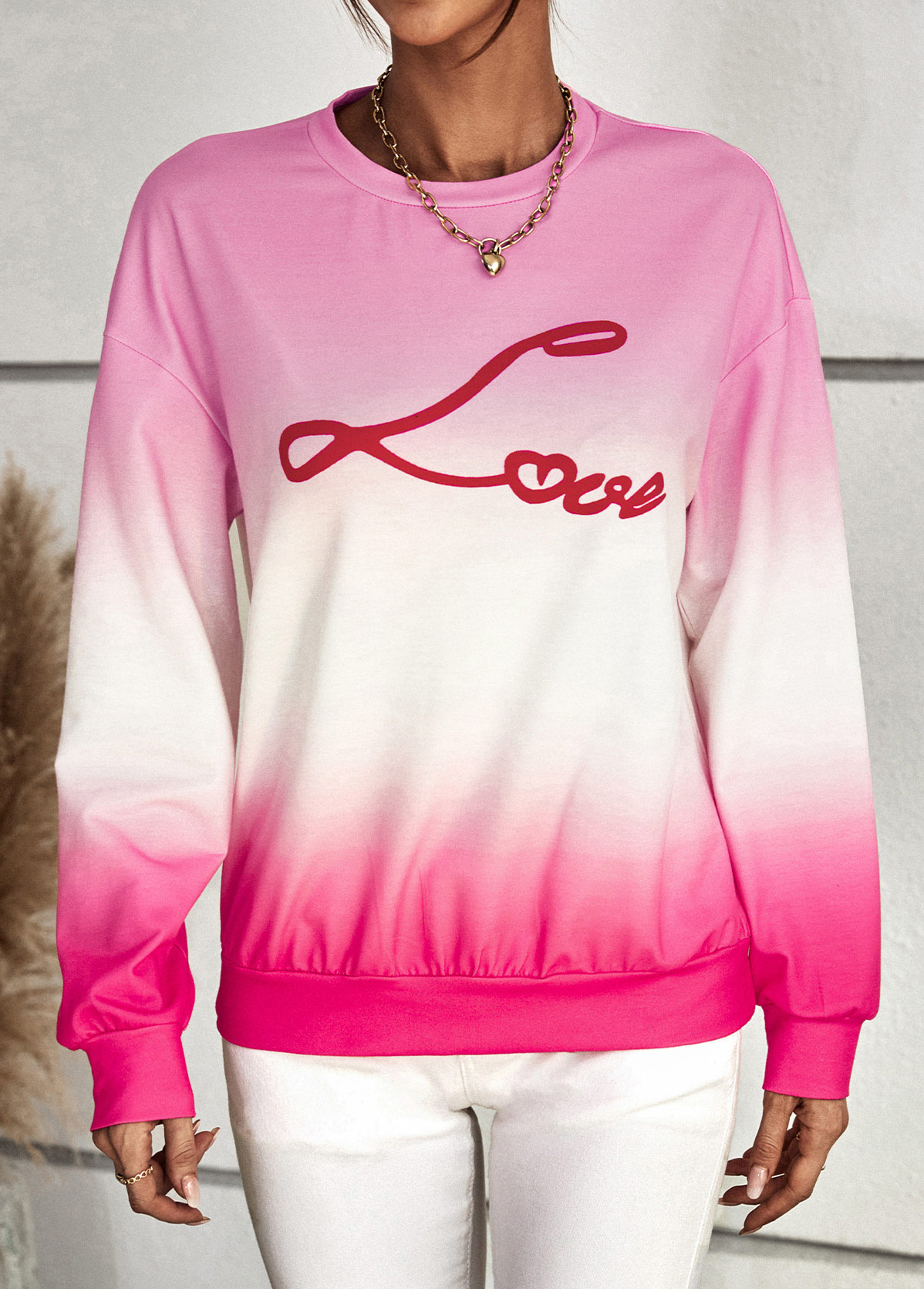 Pink Letter Print Long Sleeve Valentine's Design T Shirt