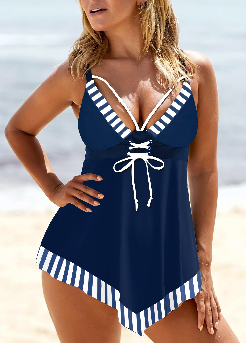 Lace Up Striped Navy Tankini Top-No Bottom | picture 