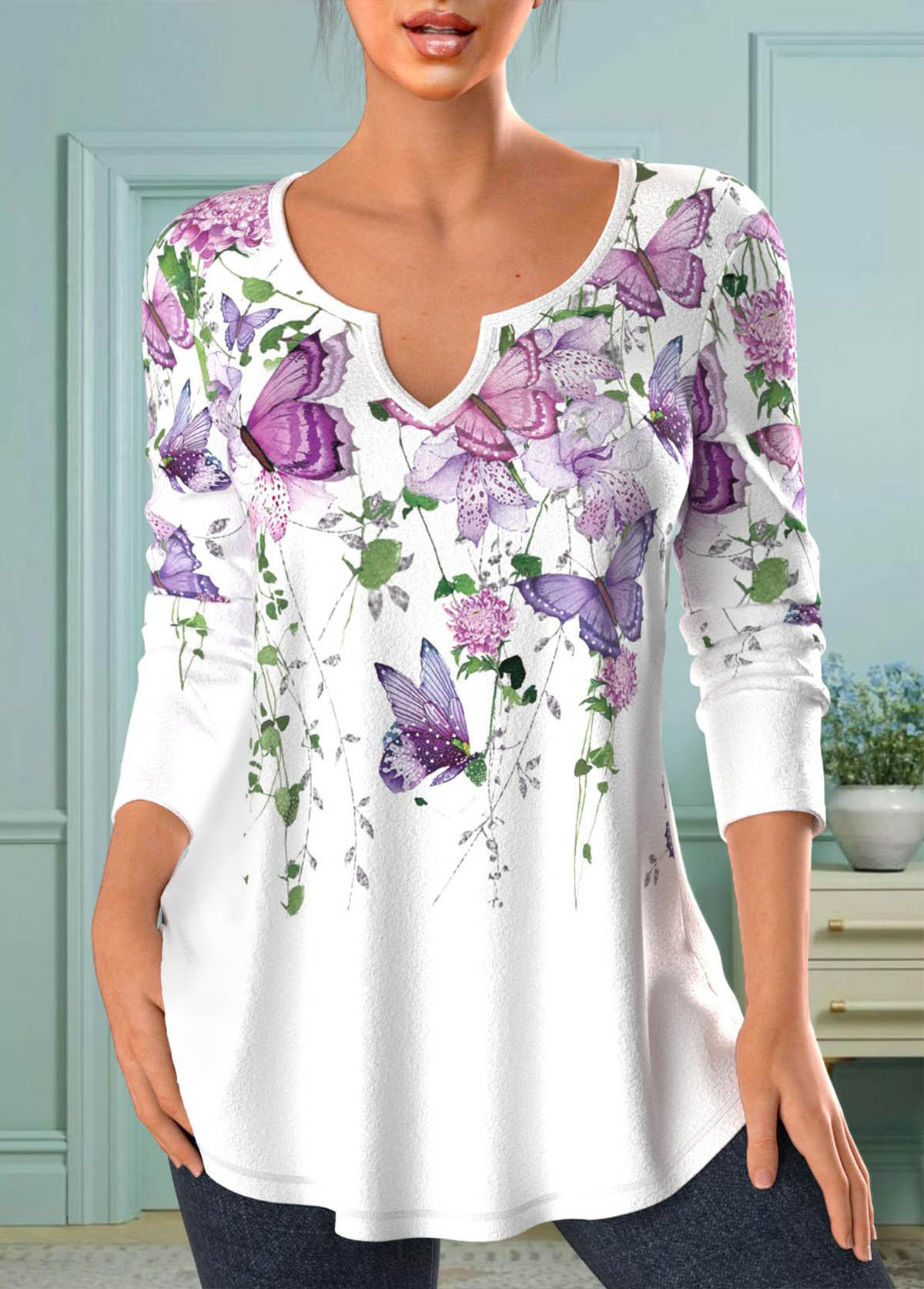 White Split Floral Print Long Sleeve T Shirt