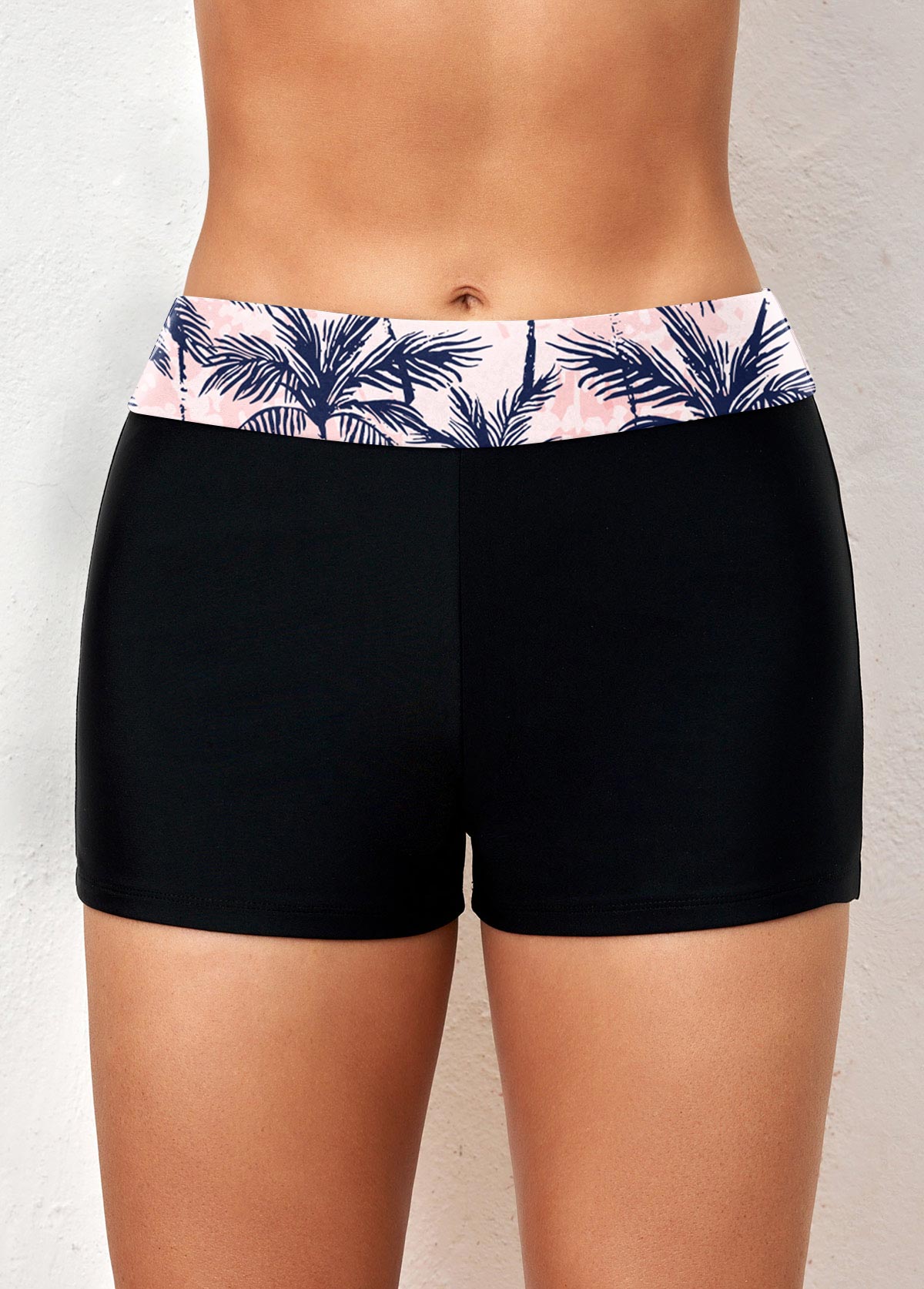 Mid Waisted Tropical Plants Print Black Swim Shorts