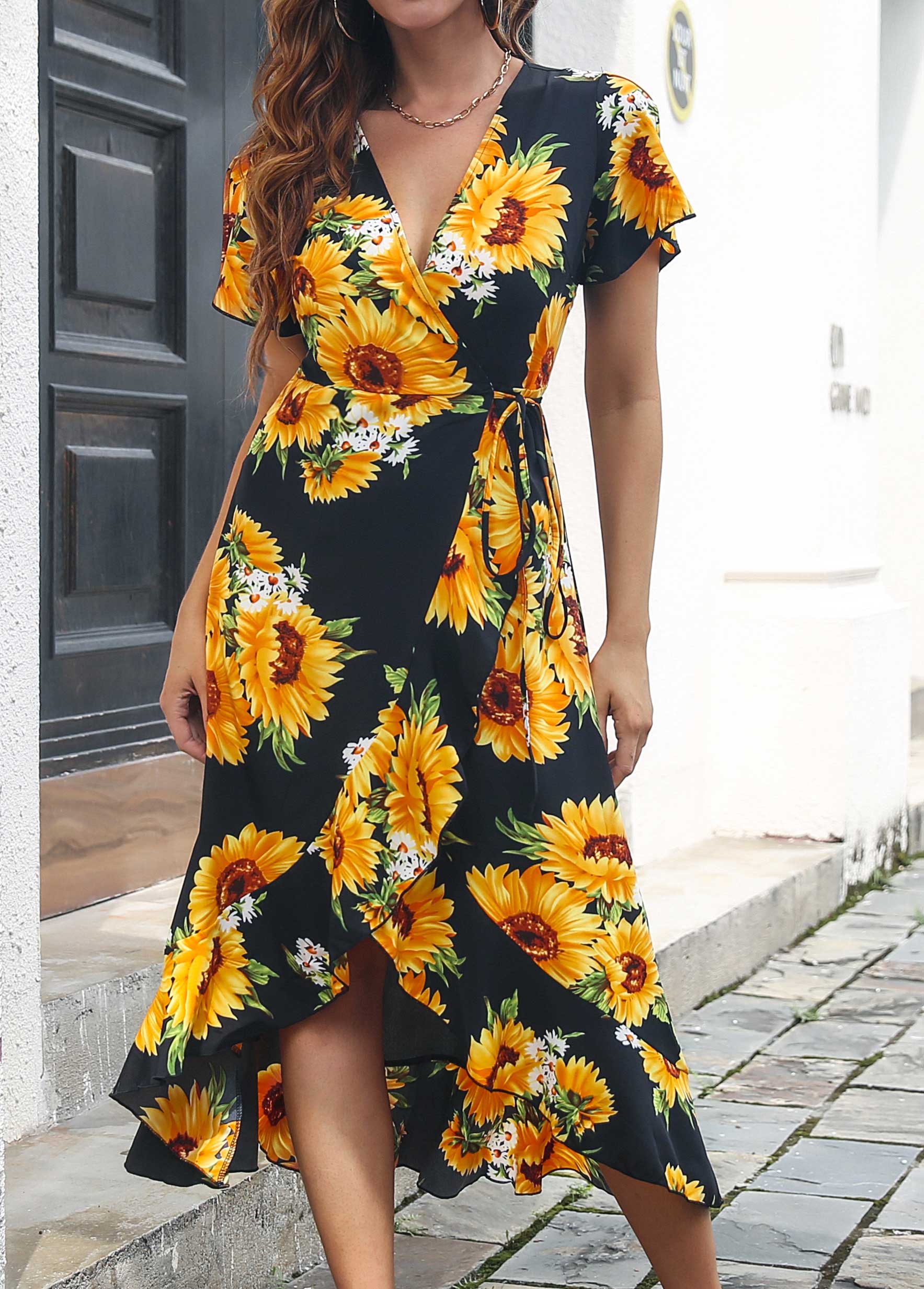 Black Surplice Floral Print Short Sleeve Dress