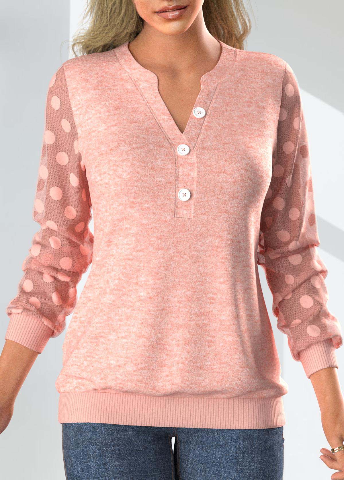 Pink Button Long Sleeve Split Neck Sweatshirt
