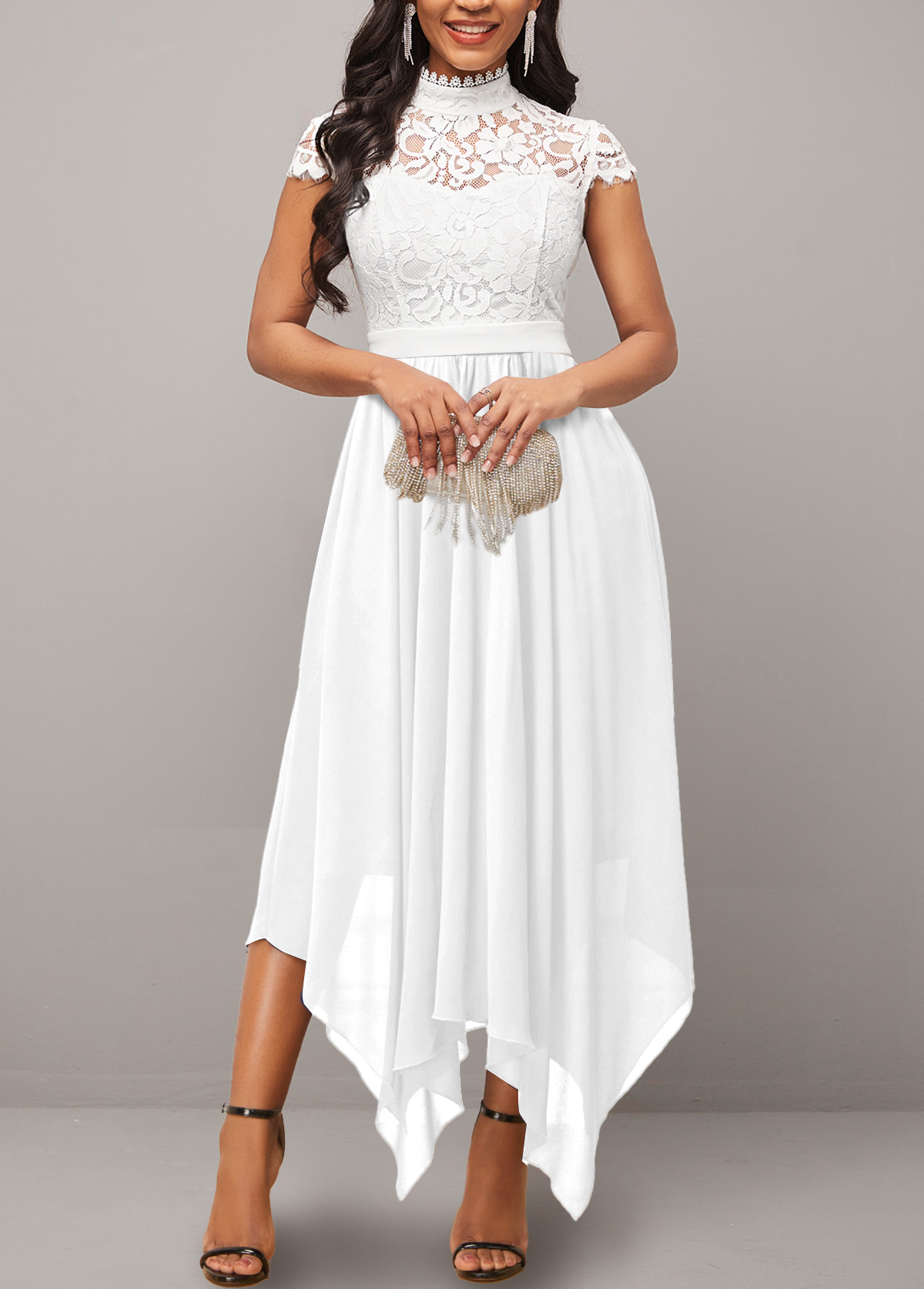 White Lace Short Sleeve Stand Collar Dress
