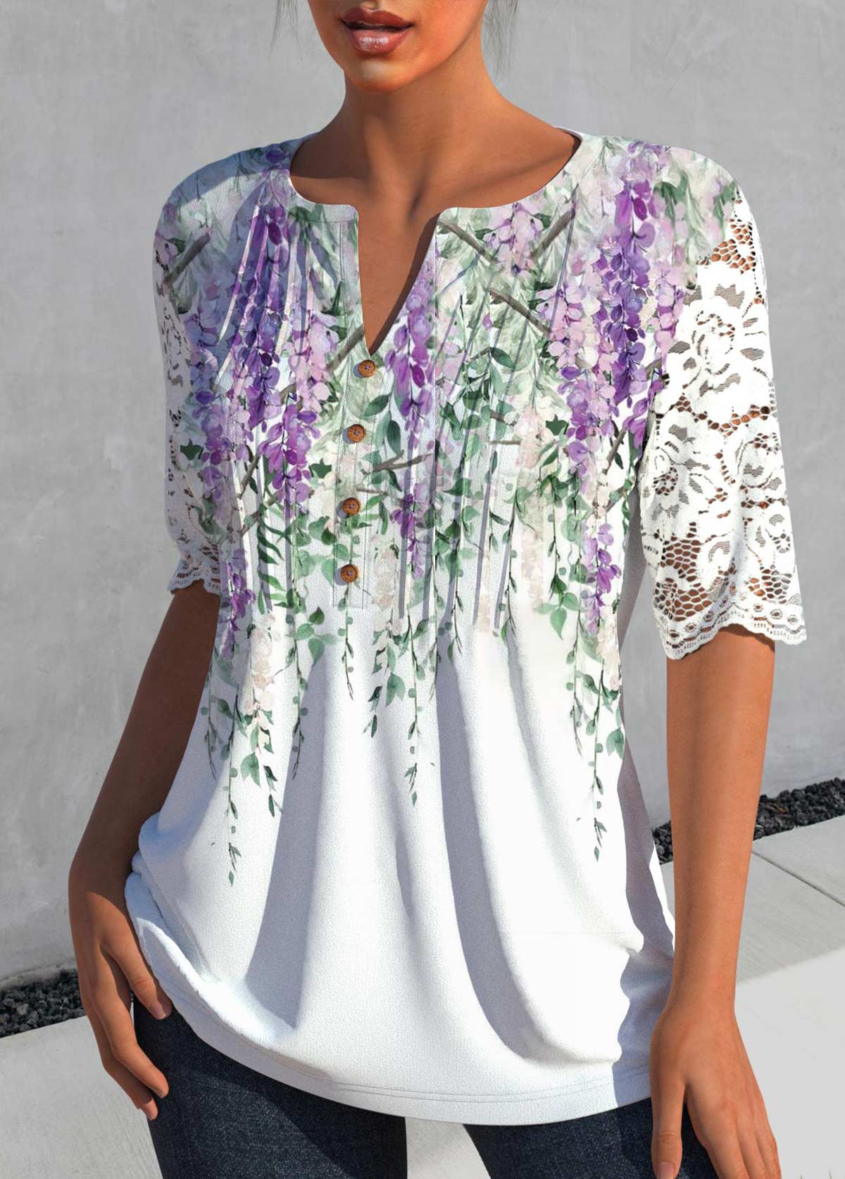 White Lace Floral Print Half Sleeve Blouse
