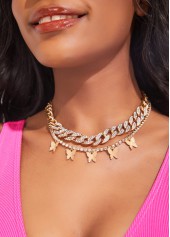 Gold Rhinestone Design Metal Butterfly Pendant Necklace Set