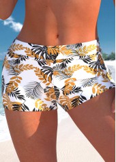 High Waisted Leaf Print White Swim Shorts