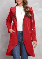 Red Zipper Long Sleeve Hooded Coat