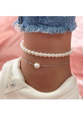 Silver Round Pearl Design Layered Anklet Set