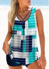 Metal Ring Geometric Print Cyan Tankini Set