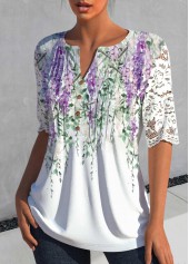 White Lace Floral Print Half Sleeve Split Neck Blouse | thumb picture 