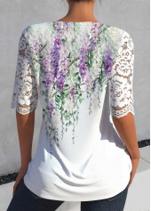 White Lace Floral Print Half Sleeve Split Neck Blouse | thumb picture 