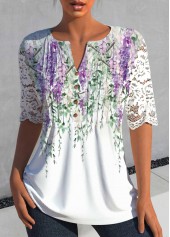 White Lace Floral Print Half Sleeve Split Neck Blouse