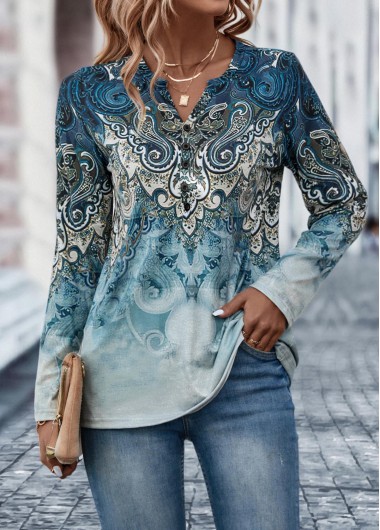 women clothes image of Dusty Blue Button Tribal Print T Shirt