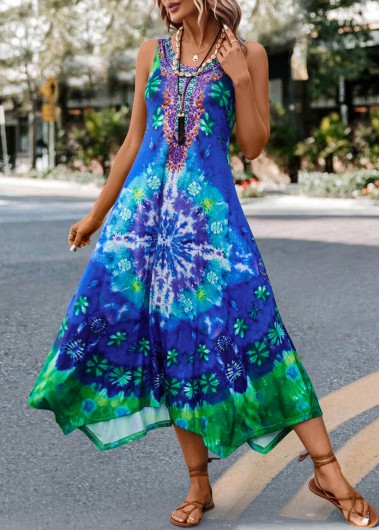 women clothes image of Blue Asymmetry Tie Dye Print H Shape Dress