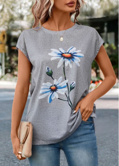 women clothes image of Light Grey Marl Floral Print T Shirt