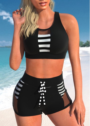 Modlily Mesh Cutout Striped Black Bikini Set - L