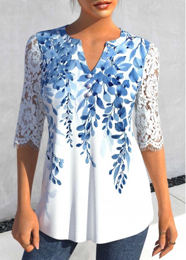 women clothes image of Light Blue Split Leaf Print Half Sleeve Blouse